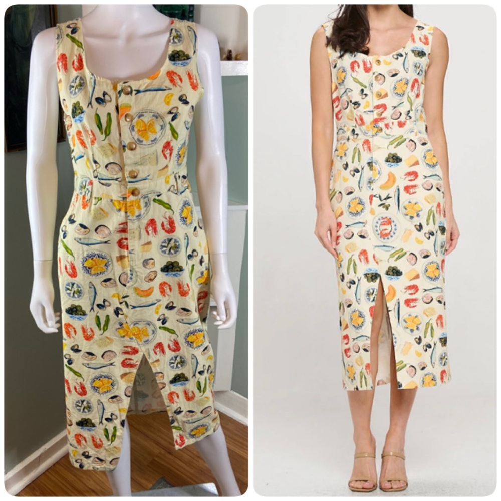 Sleeveless Cream Midi Dress with Colorful Seafood Motif